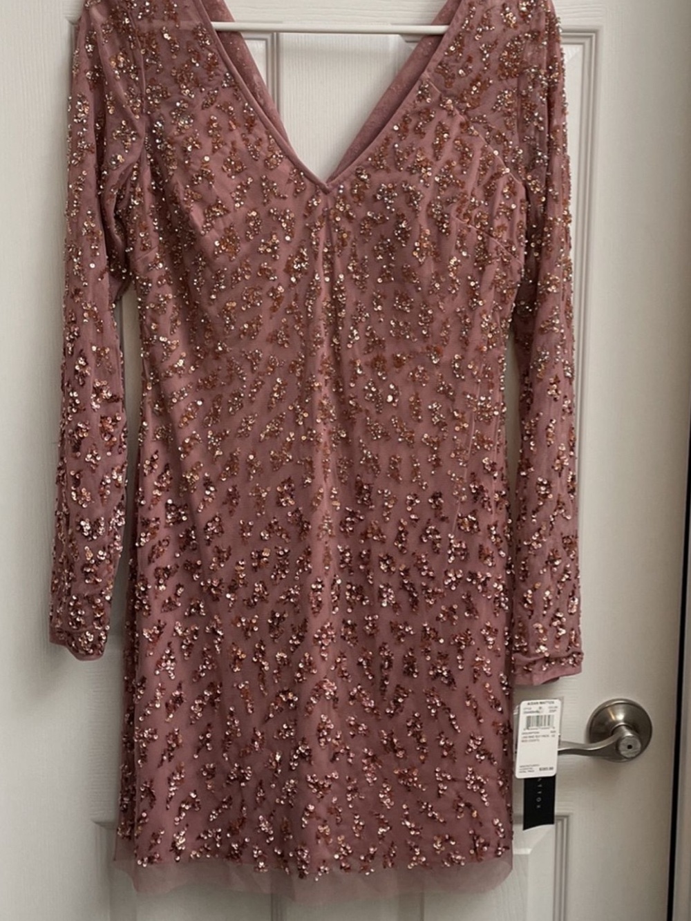 Aidan Mattox Dusty Rose Sequin V-Neck Long Sleeve Dress